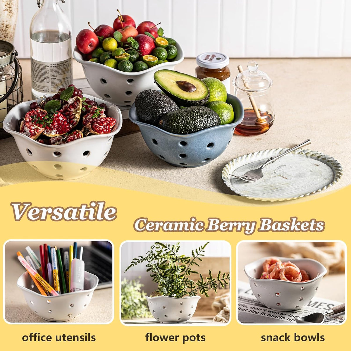Ceramic Berry Bowl Set of 2, Small Fruit Basket Colanders, White