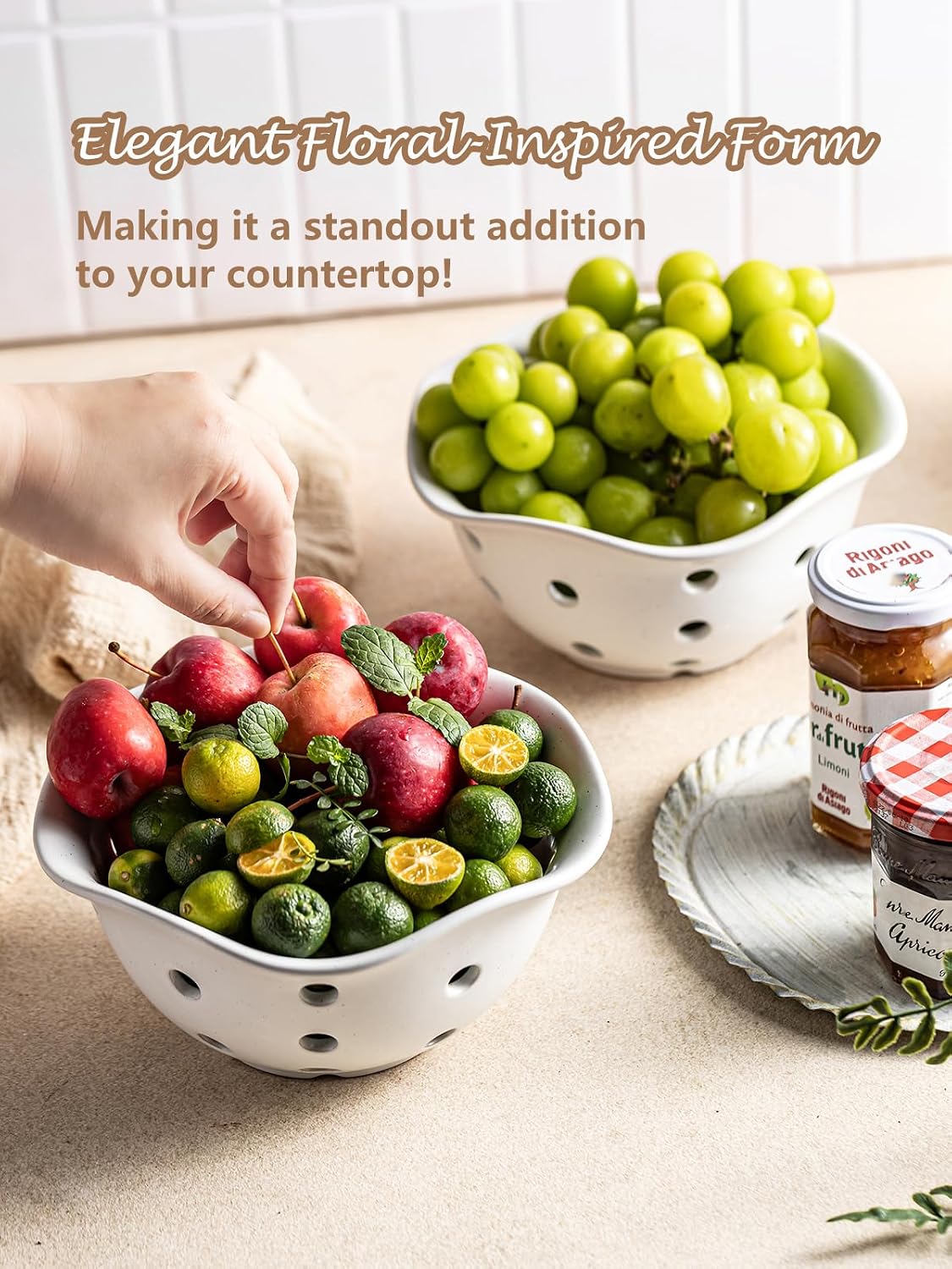 Ceramic Berry Bowl Set of 2, Small Fruit Basket Colanders, White