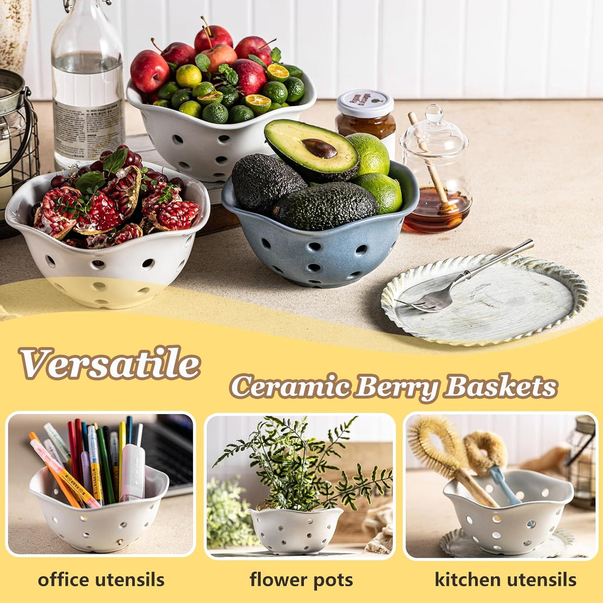 Ceramic Berry Bowl Set of 2, Small Fruit Basket Colanders, White