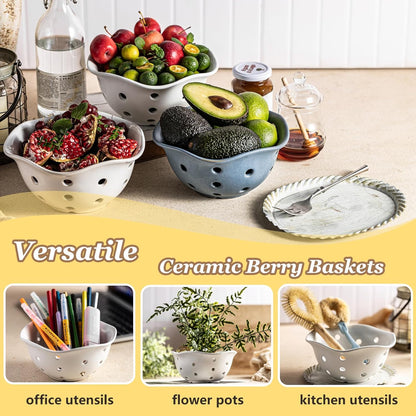 Ceramic Berry Bowl Set of 2, Small Fruit Basket Colanders, White