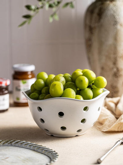 Ceramic Berry Bowl Set of 2, Small Fruit Basket Colanders, White