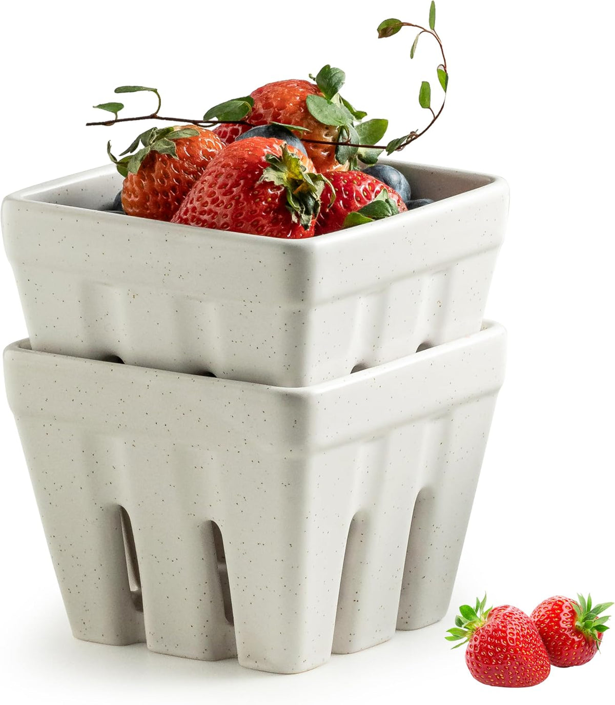 Ceramic Berry Bowl Set of 2, Small Fruit Basket Colanders, White