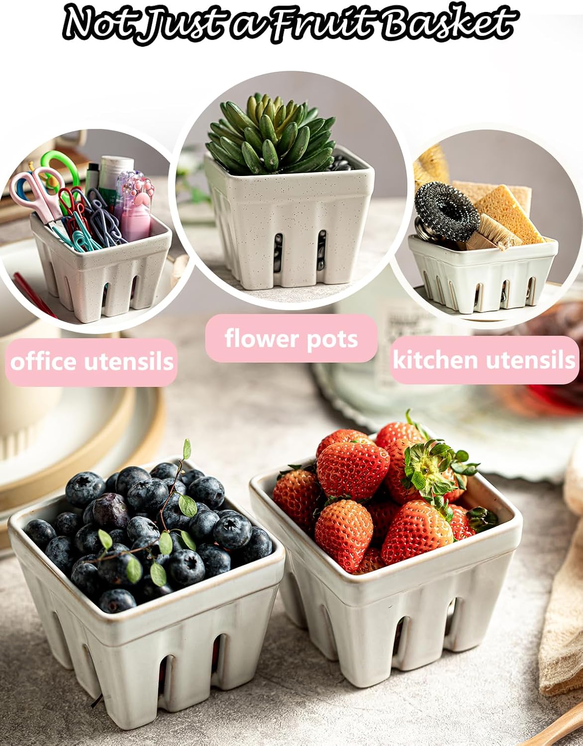 Ceramic Berry Bowl Set of 2, Small Fruit Basket Colanders, White
