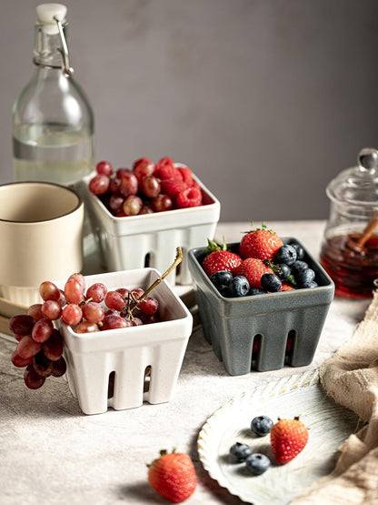 Ceramic Berry Bowl Set of 2, Small Fruit Basket Colanders, White