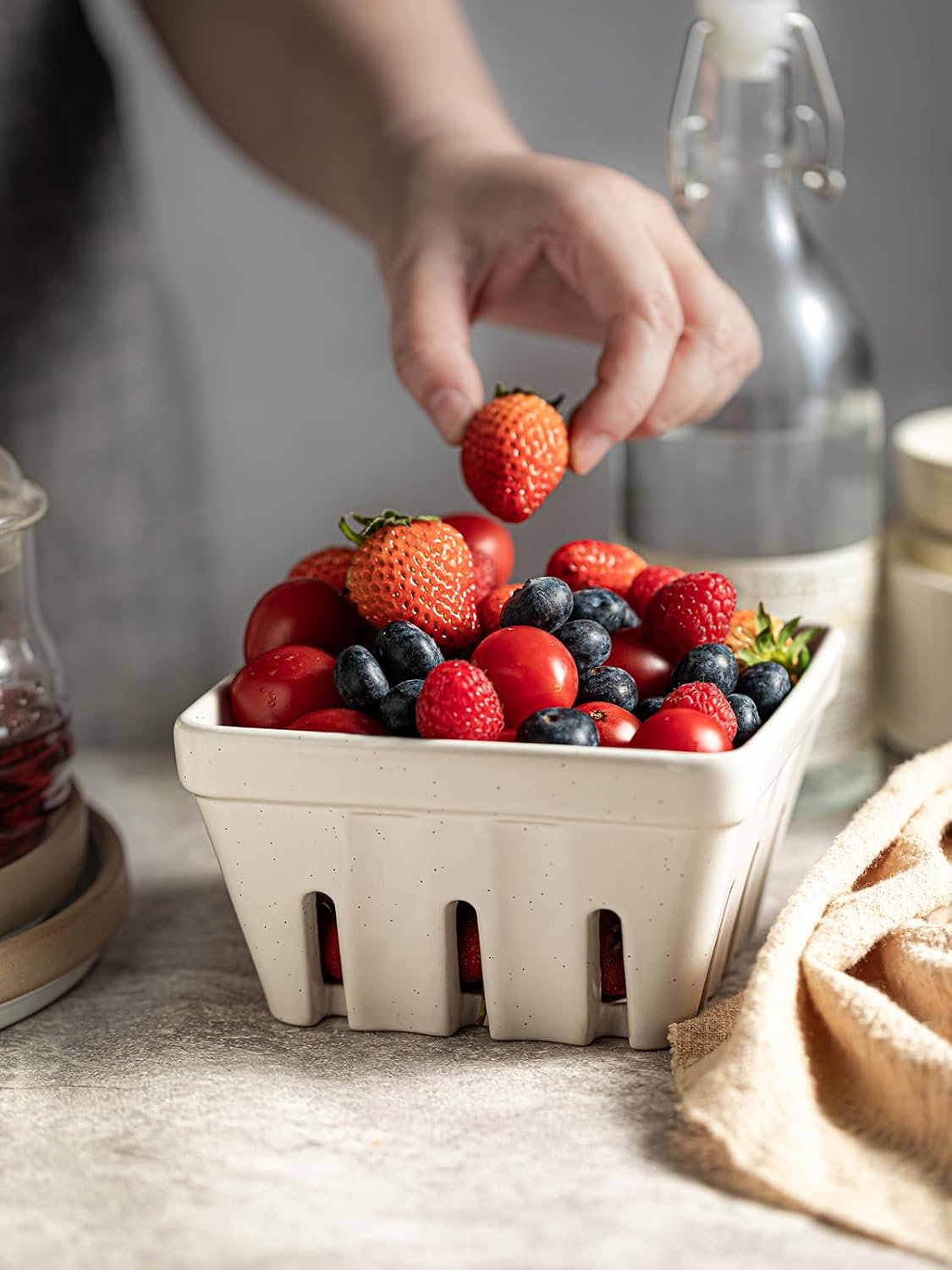 Ceramic Berry Bowl Set of 2, Small Fruit Basket Colanders, White