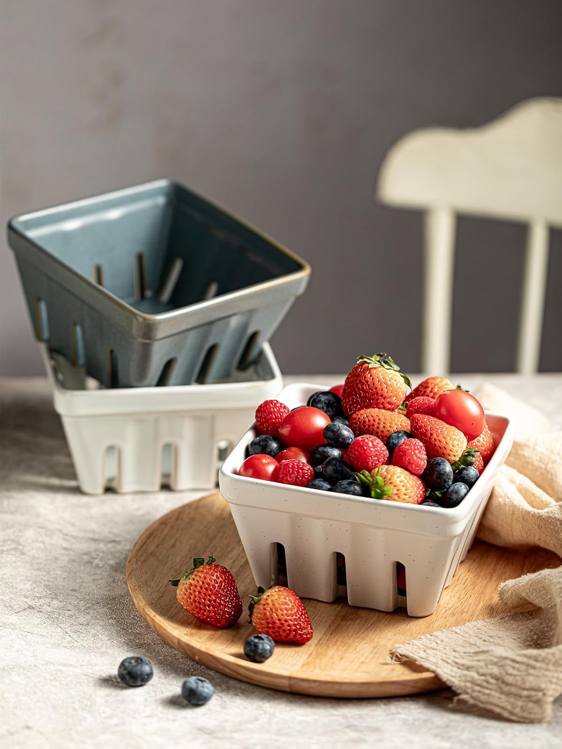 Ceramic Berry Bowl Set of 2, Small Fruit Basket Colanders, White