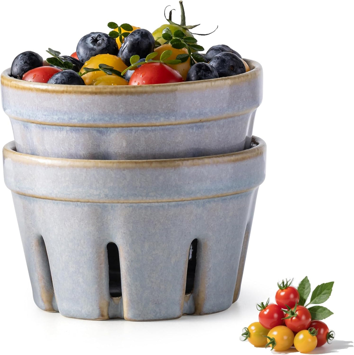 Ceramic Berry Bowl Set of 2, Small Fruit Basket Colanders, White