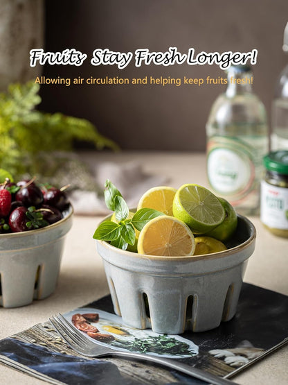 Ceramic Berry Bowl Set of 2, Small Fruit Basket Colanders, White