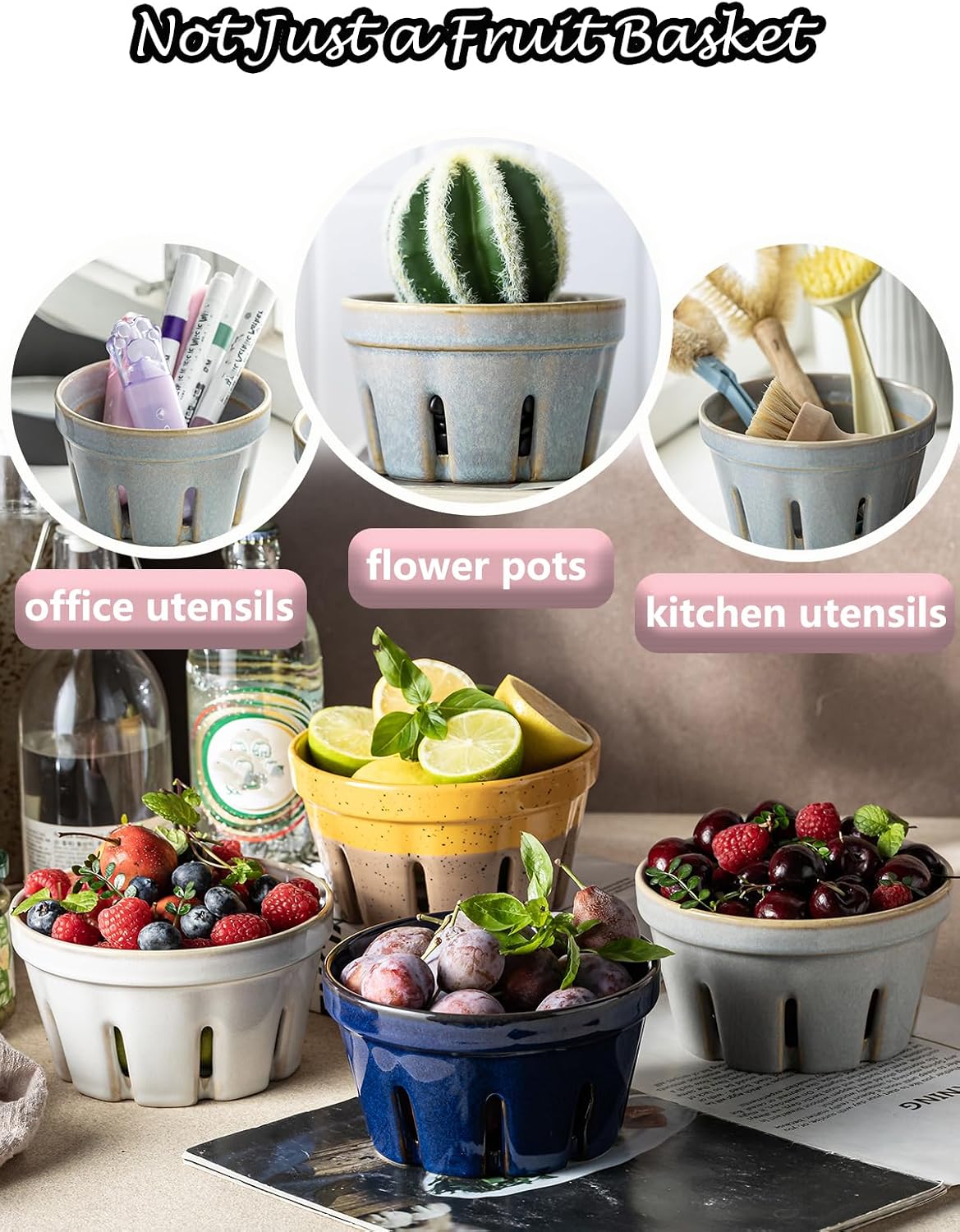 Ceramic Berry Bowl Set of 2, Small Fruit Basket Colanders, White