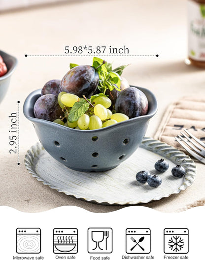 Ceramic Berry Bowl Set of 2, Small Fruit Basket Colanders, White