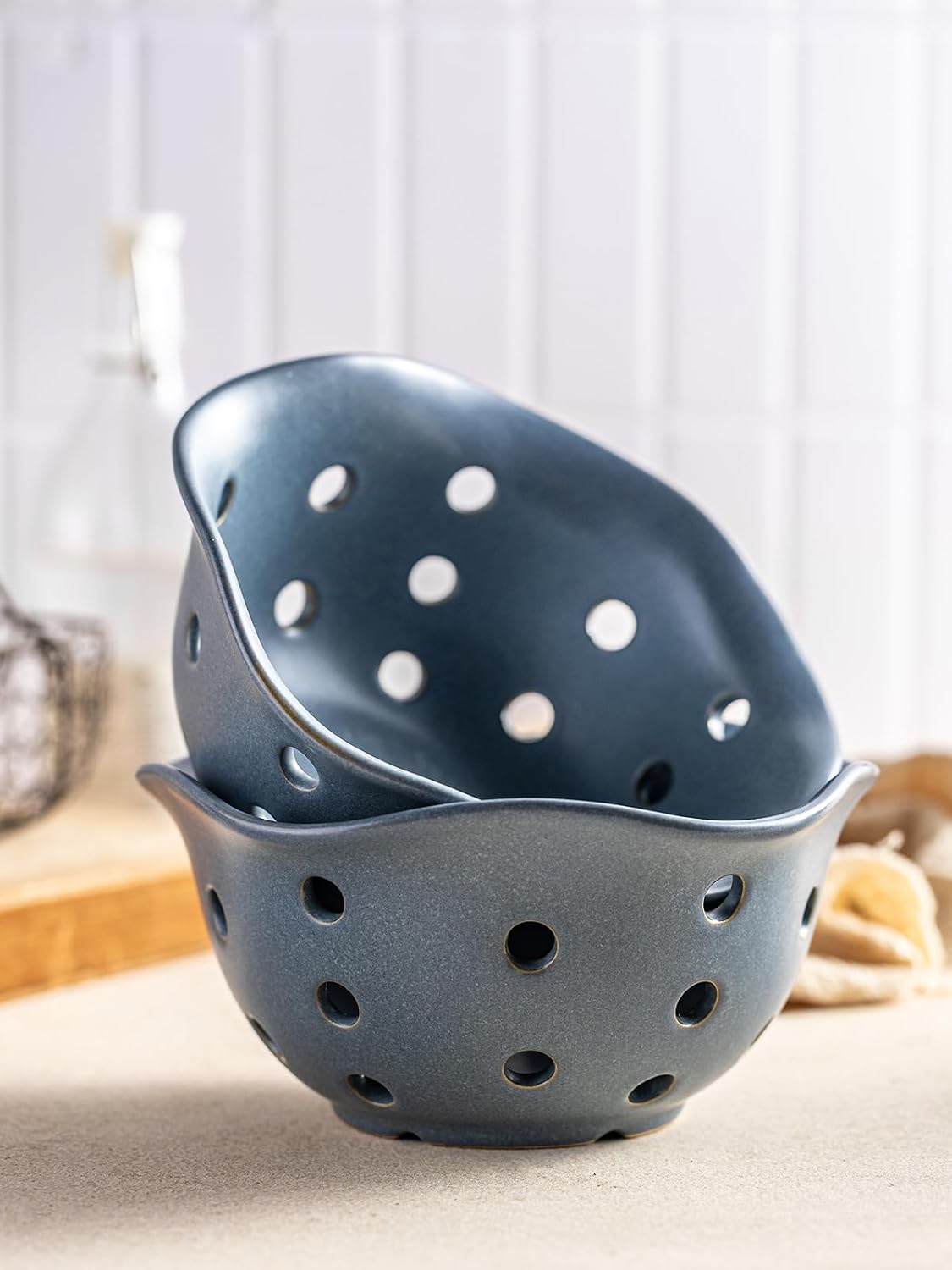 Ceramic Berry Bowl Set of 2, Small Fruit Basket Colanders, White