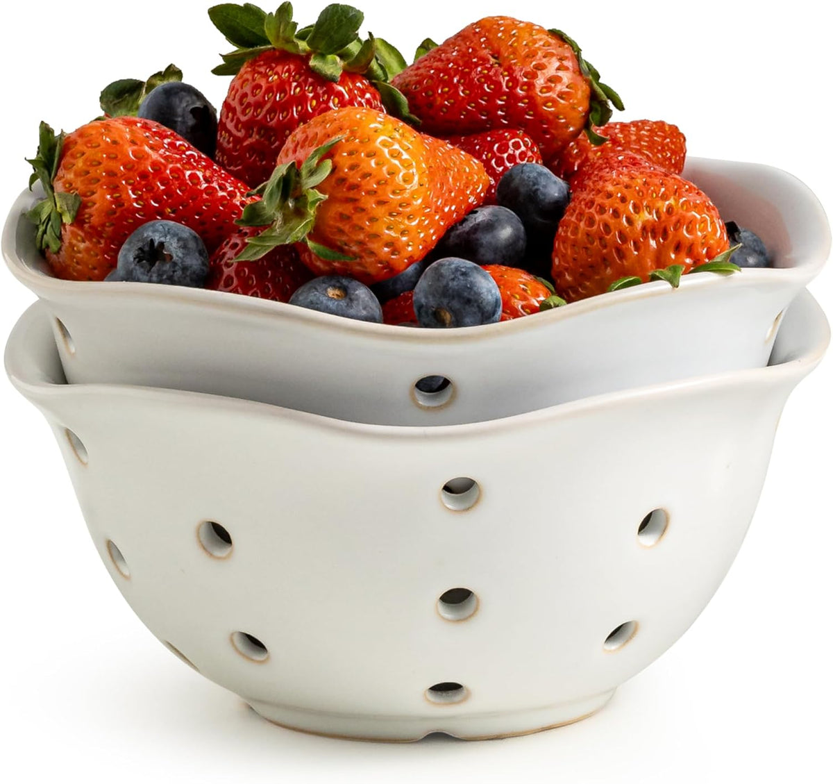 Ceramic Berry Bowl Set of 2, Small Fruit Basket Colanders, White