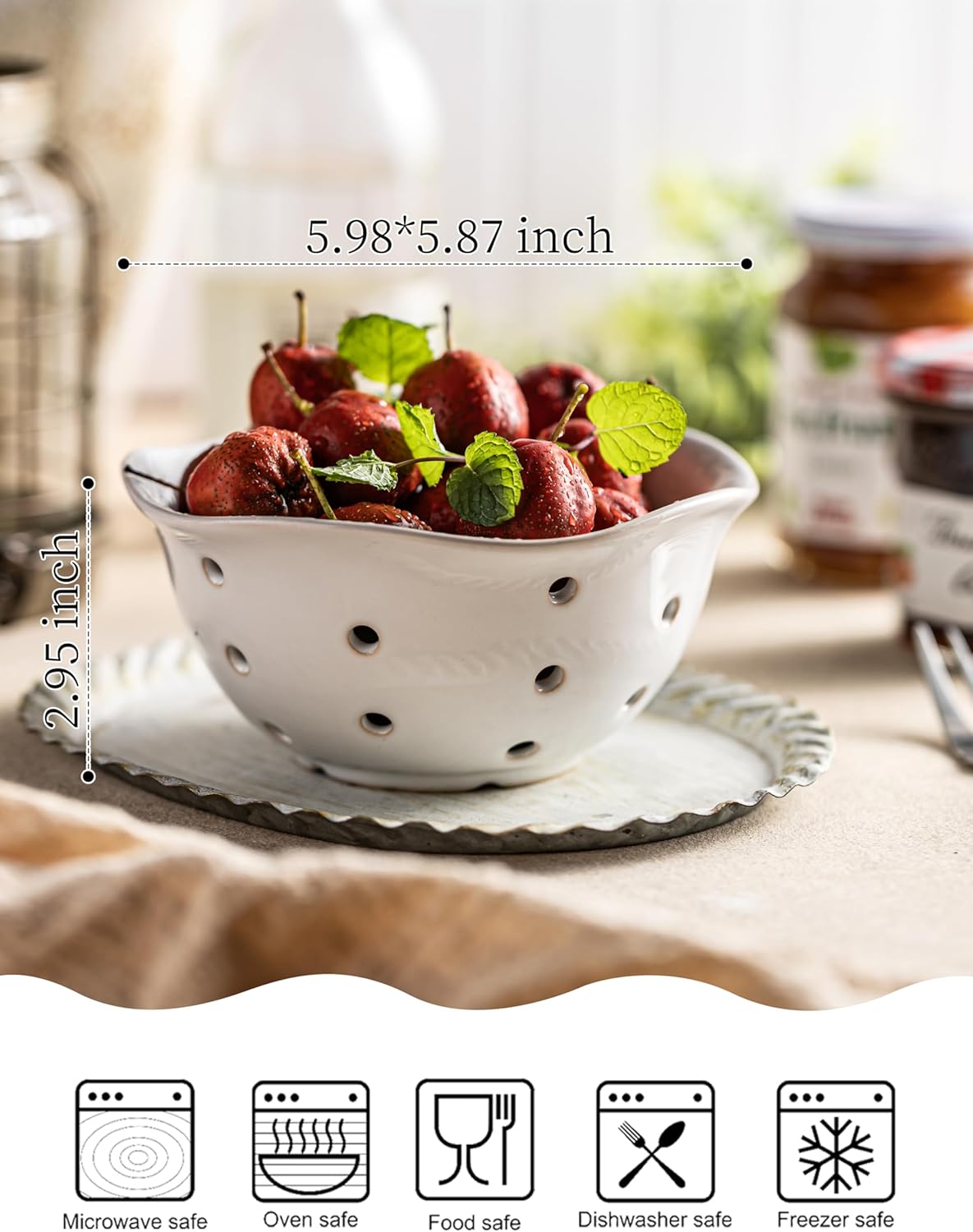 Ceramic Berry Bowl Set of 2, Small Fruit Basket Colanders, White