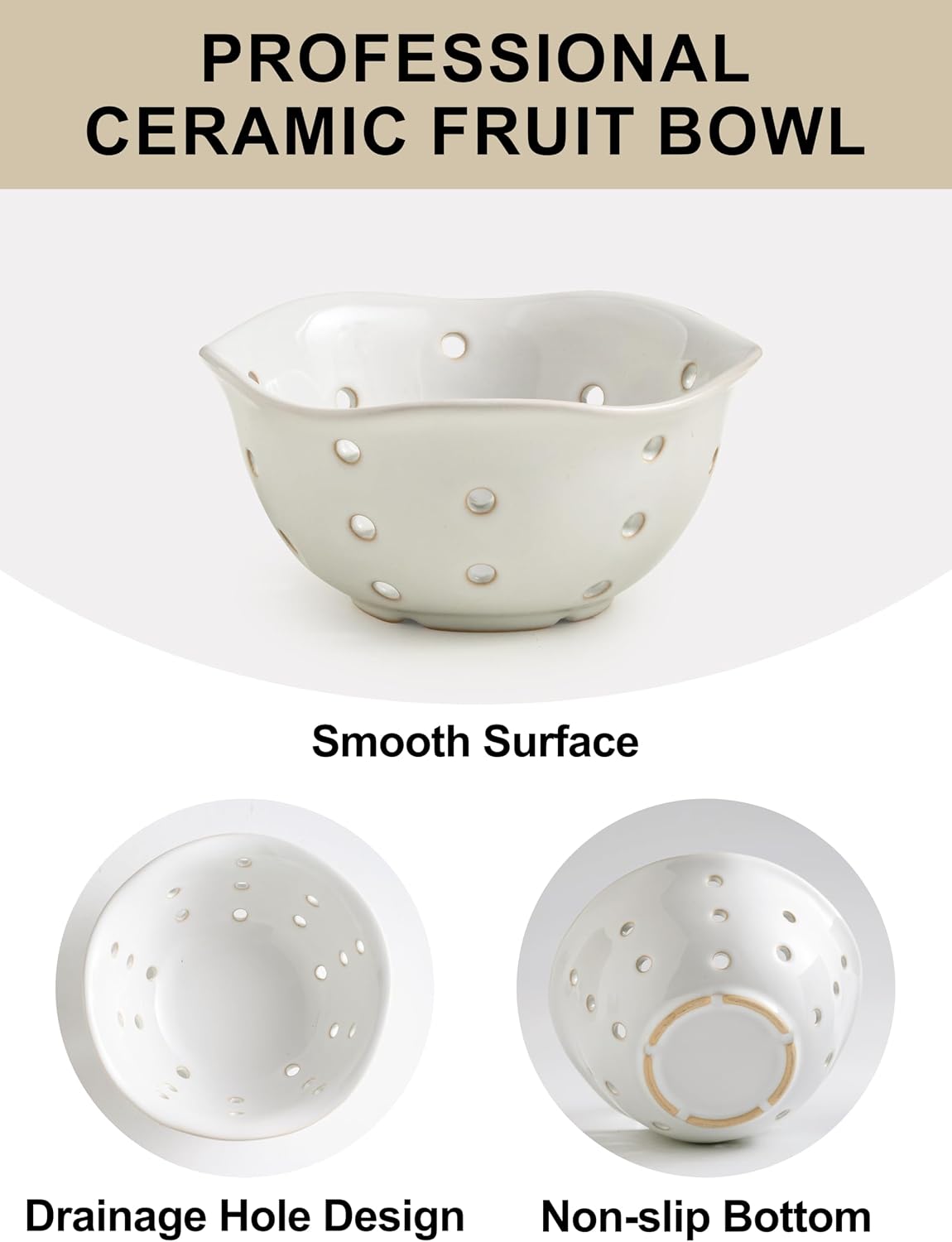 Ceramic Berry Bowl Set of 2, Small Fruit Basket Colanders, White