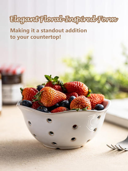 Ceramic Berry Bowl Set of 2, Small Fruit Basket Colanders, White
