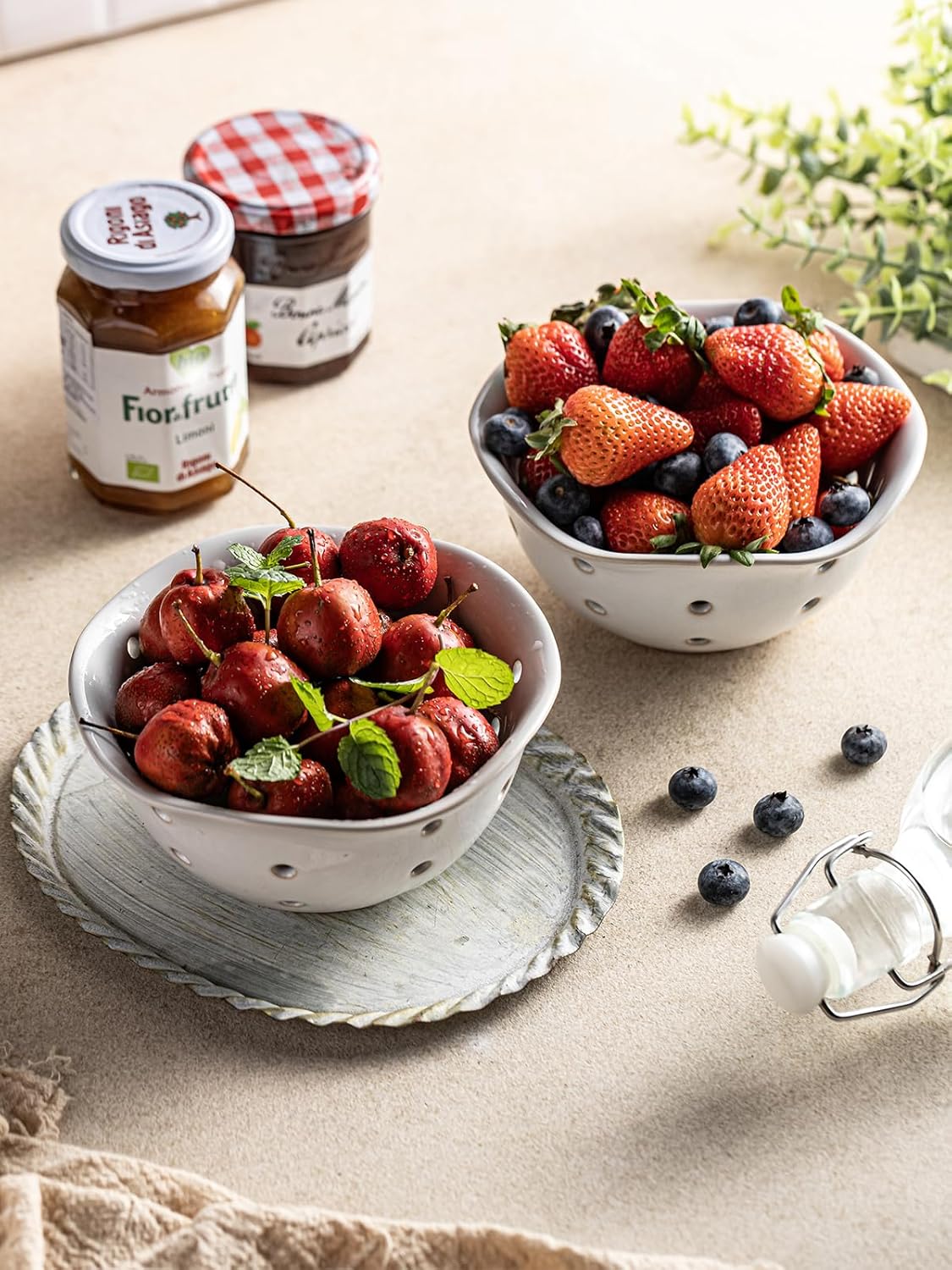 Ceramic Berry Bowl Set of 2, Small Fruit Basket Colanders, White
