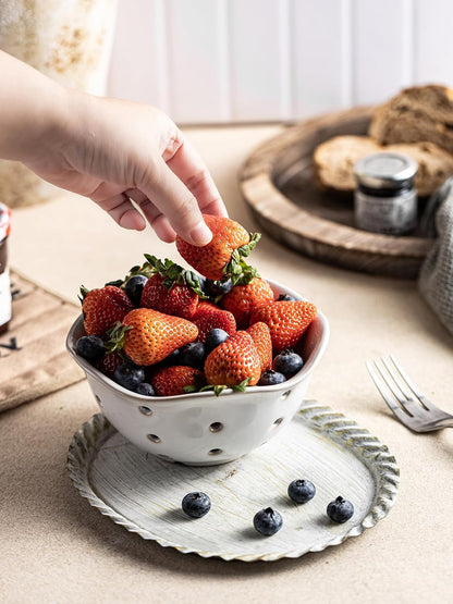 Ceramic Berry Bowl Set of 2, Small Fruit Basket Colanders, White