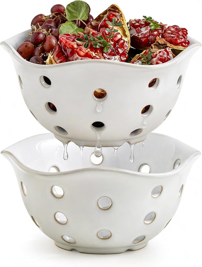 Ceramic Berry Bowl Set of 2, Small Fruit Basket Colanders, White