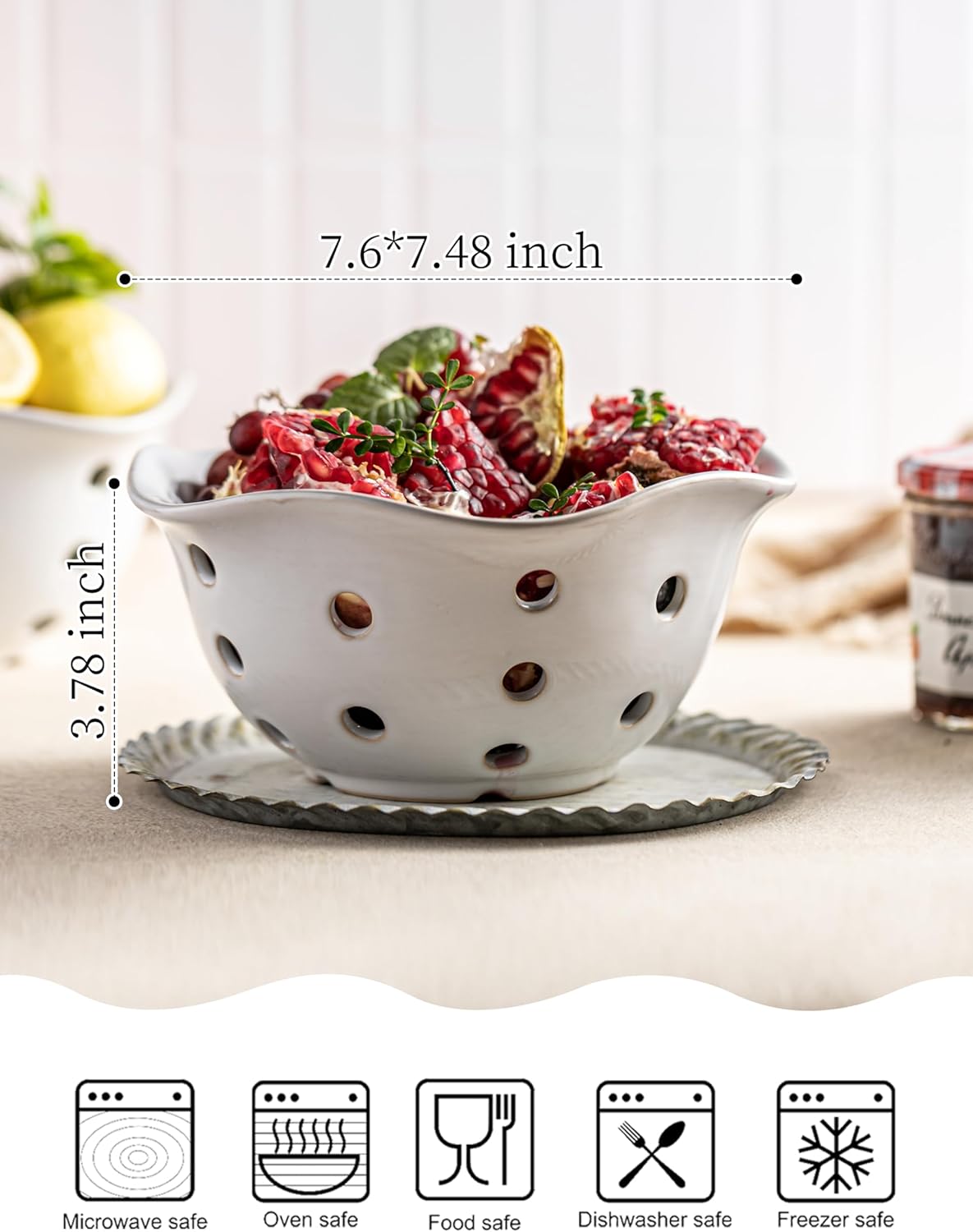Ceramic Berry Bowl Set of 2, Small Fruit Basket Colanders, White
