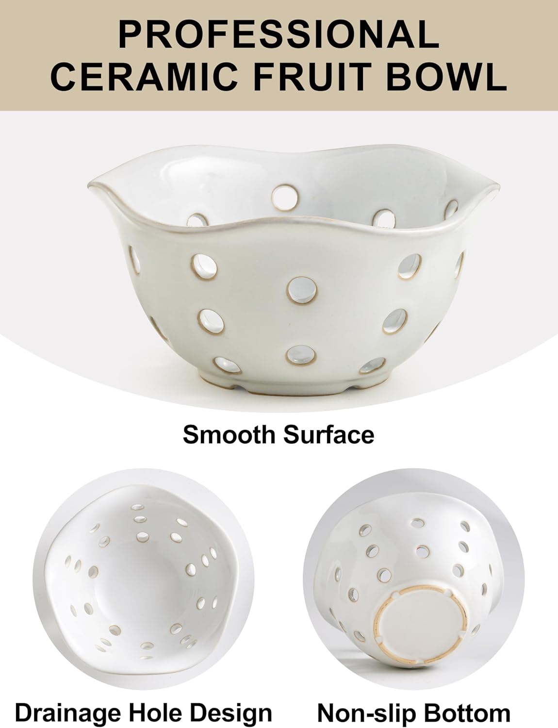 Ceramic Berry Bowl Set of 2, Small Fruit Basket Colanders, White