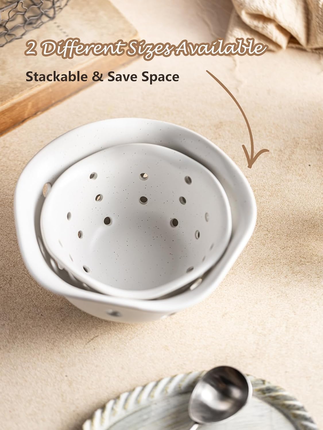 Ceramic Berry Bowl Set of 2, Small Fruit Basket Colanders, White