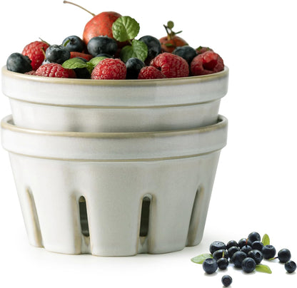Ceramic Berry Bowl Set of 2, Small Fruit Basket Colanders, White