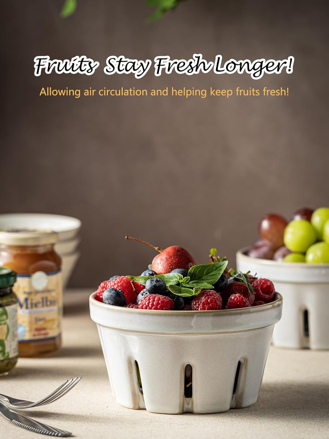Ceramic Berry Bowl Set of 2, Small Fruit Basket Colanders, White