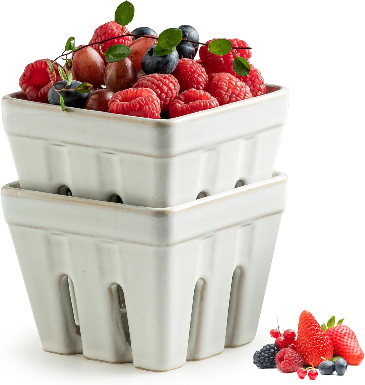 Ceramic Berry Bowl Set of 2, Small Fruit Basket Colanders, White