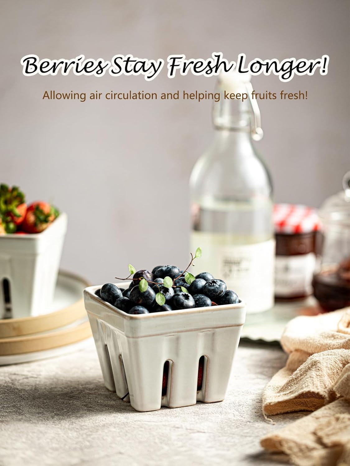 Ceramic Berry Bowl Set of 2, Small Fruit Basket Colanders, White
