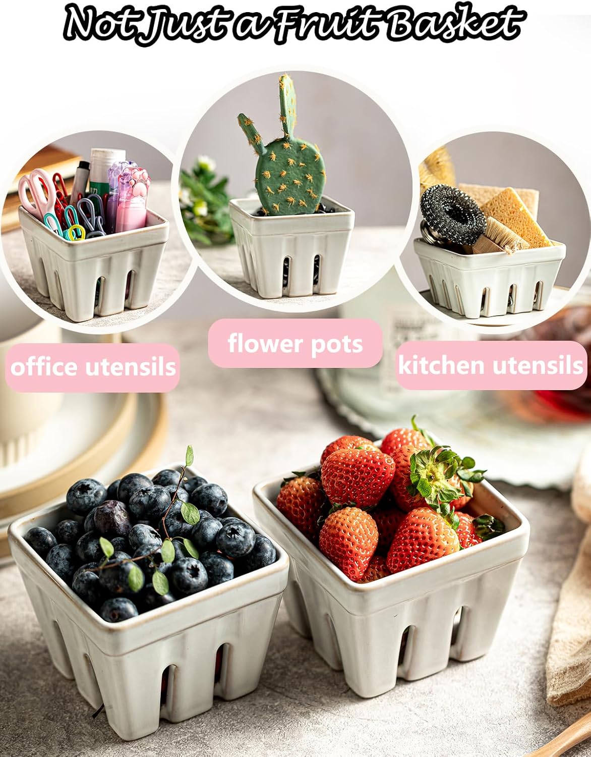 Ceramic Berry Bowl Set of 2, Small Fruit Basket Colanders, White