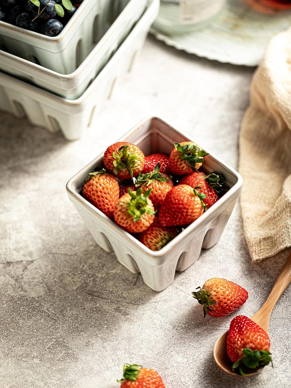 Ceramic Berry Bowl Set of 2, Small Fruit Basket Colanders, White