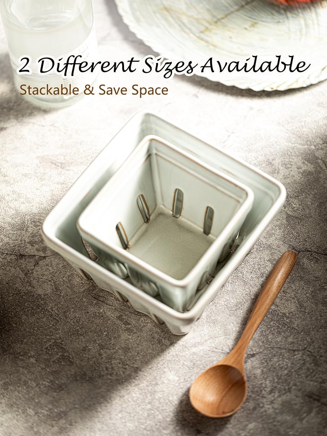 Ceramic Berry Bowl Set of 2, Small Fruit Basket Colanders, White