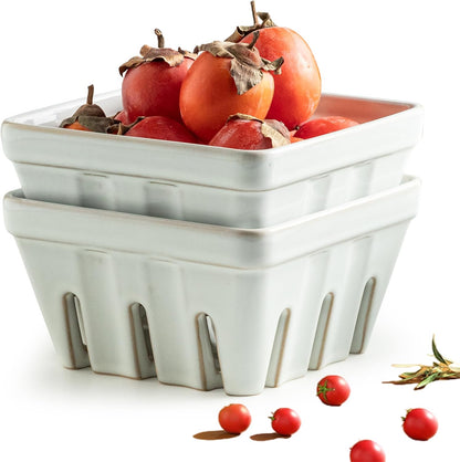 Ceramic Berry Bowl Set of 2, Small Fruit Basket Colanders, White