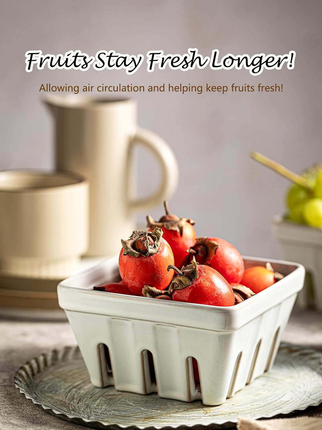 Ceramic Berry Bowl Set of 2, Small Fruit Basket Colanders, White