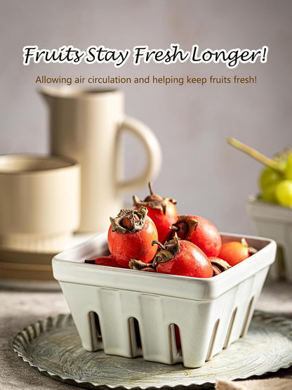Ceramic Berry Bowl Set of 2, Small Fruit Basket Colanders, White