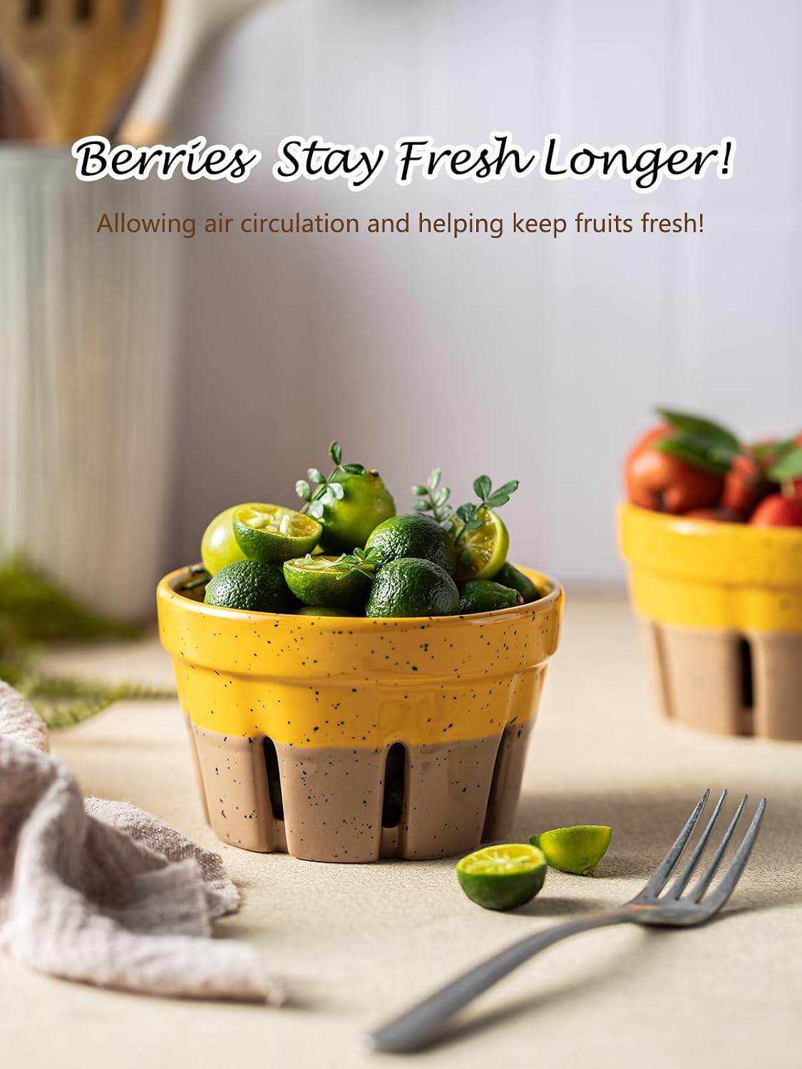 Ceramic Berry Bowl Set of 2, Small Fruit Basket Colanders, White