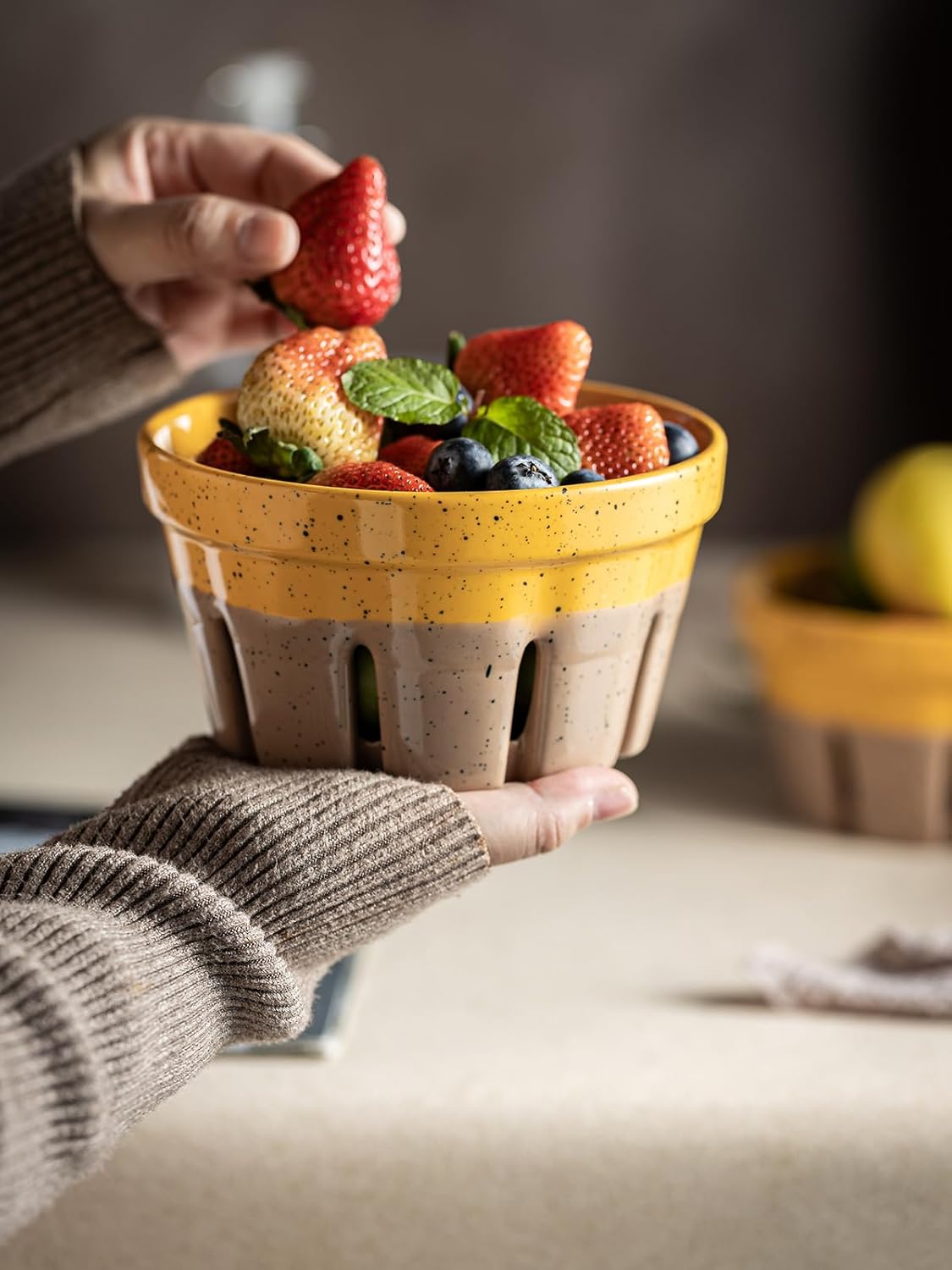 Ceramic Berry Bowl Set of 2, Small Fruit Basket Colanders, White