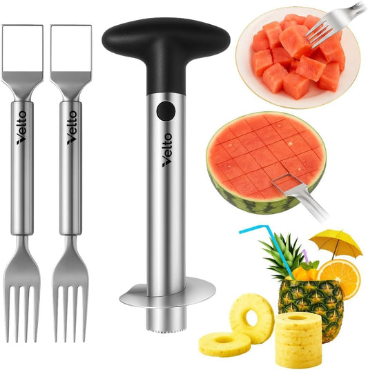 Watermelon Slicer and Pineapple Corer Set (3-Piece) - Stainless Steel Fruit Cutter Tool Kit for Cubing, Coring, Dicing Melon, Papaya, Cantaloupe - BBQ, Party, Kitchen Gadget - Dishwasher Safe