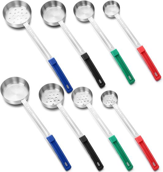 8 Pcs Portion Control Serving Spoons Portion Scoops Cups Solid and Slotted Stainless Steel Ladle Spoon for Food, Serving Utensils Set for Parties(4 Colors,4 Sizes)