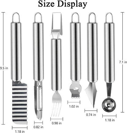 5 Pcs Stainless Steel Fruit Carving Knife Set, Kitchen Fruit Carving Knife, Watermelon and Ice Cream Scoop, 2-in-1 Dig Pulp Separator Fruit Peeling Tool, Crinkle Knife and Lemon Zester Grater