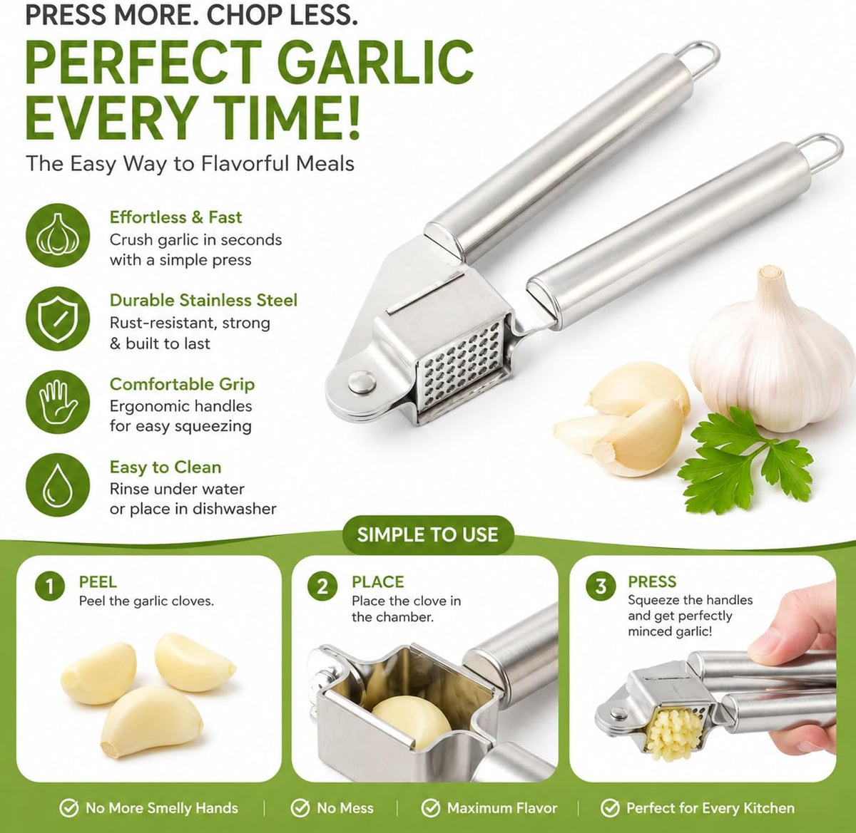 Garlic Press Stainless Steel Heavy Duty | Ergonomic Easy-Press Garlic Mincer for Arthritis & Weak Hands | Easy to Clean, Dishwasher Safe Manual Garlic Crusher for Home Kitchen