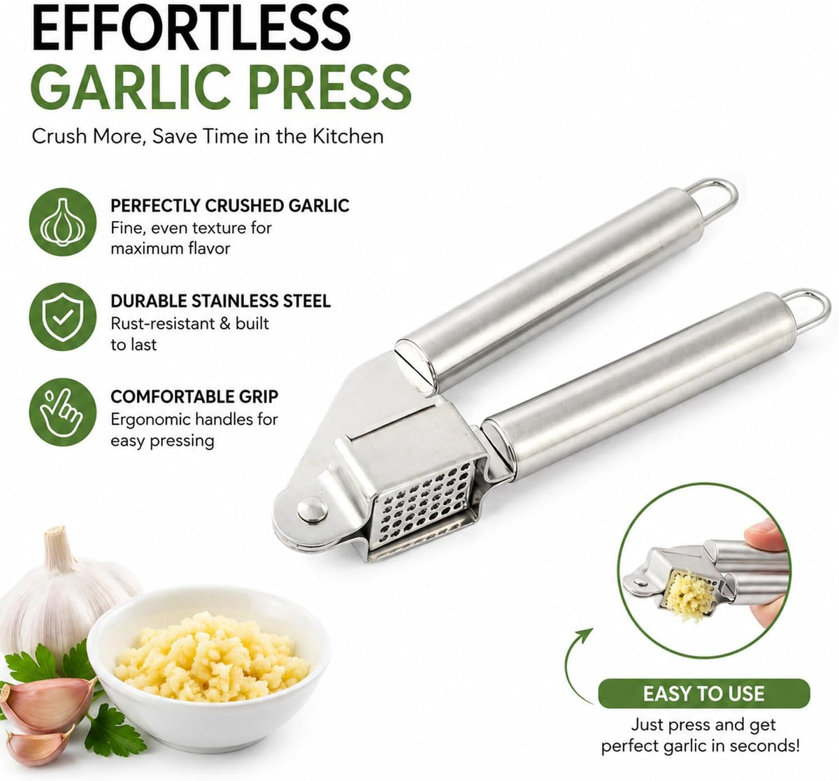Garlic Press Stainless Steel Heavy Duty | Ergonomic Easy-Press Garlic Mincer for Arthritis & Weak Hands | Easy to Clean, Dishwasher Safe Manual Garlic Crusher for Home Kitchen