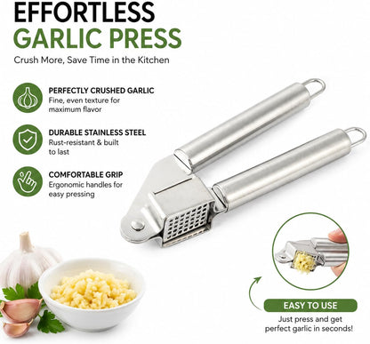 Garlic Press Stainless Steel Heavy Duty | Ergonomic Easy-Press Garlic Mincer for Arthritis & Weak Hands | Easy to Clean, Dishwasher Safe Manual Garlic Crusher for Home Kitchen