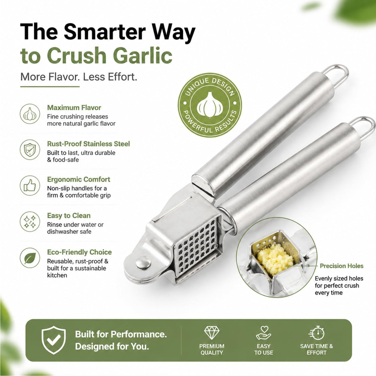 Garlic Press Stainless Steel Heavy Duty | Ergonomic Easy-Press Garlic Mincer for Arthritis & Weak Hands | Easy to Clean, Dishwasher Safe Manual Garlic Crusher for Home Kitchen
