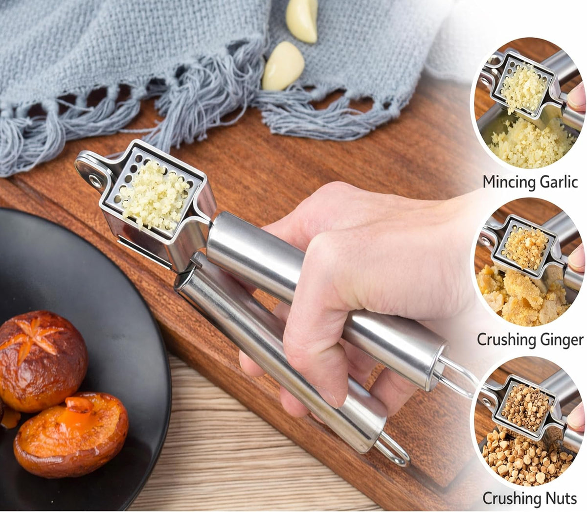 Garlic Press Stainless Steel Heavy Duty | Ergonomic Easy-Press Garlic Mincer for Arthritis & Weak Hands | Easy to Clean, Dishwasher Safe Manual Garlic Crusher for Home Kitchen