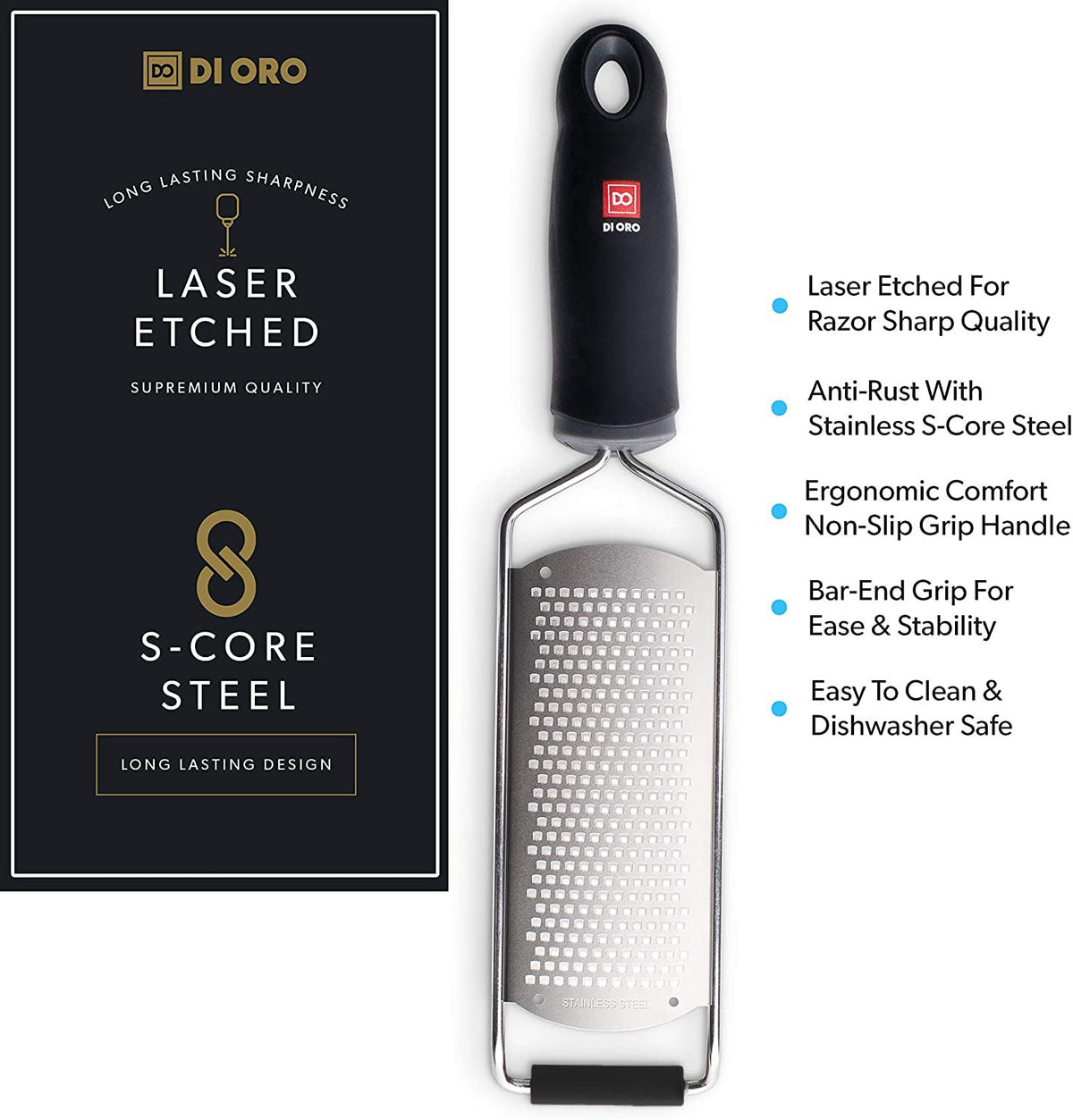 DI ORO Zester Grater - Stainless Steel Lemon Zester with Handle - Parmesan Cheese Grater Razor Sharp - Kitchen Citrus Zester Tool for Grating & Shredding Garlic, Ginger, & Lemons - Dishwasher Safe