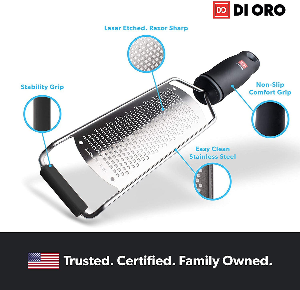 DI ORO Zester Grater - Stainless Steel Lemon Zester with Handle - Parmesan Cheese Grater Razor Sharp - Kitchen Citrus Zester Tool for Grating & Shredding Garlic, Ginger, & Lemons - Dishwasher Safe