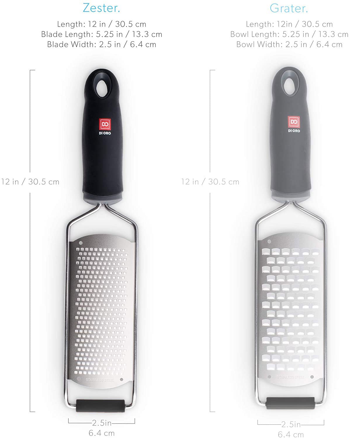 DI ORO Zester Grater - Stainless Steel Lemon Zester with Handle - Parmesan Cheese Grater Razor Sharp - Kitchen Citrus Zester Tool for Grating & Shredding Garlic, Ginger, & Lemons - Dishwasher Safe