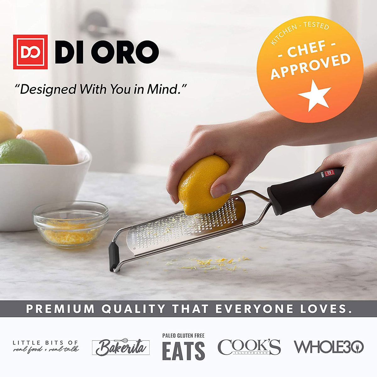 DI ORO Zester Grater - Stainless Steel Lemon Zester with Handle - Parmesan Cheese Grater Razor Sharp - Kitchen Citrus Zester Tool for Grating & Shredding Garlic, Ginger, & Lemons - Dishwasher Safe