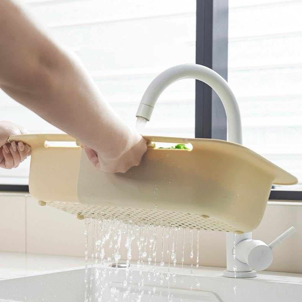Kitchen Sink Colander, Extendable Strainer Basket Over The Sink for Wash Vegetables and Fruits, Drain Cooked Pasta and Dry Dishes 13.6"-18.7" L x 7.87" W x 2.76" H - Cream